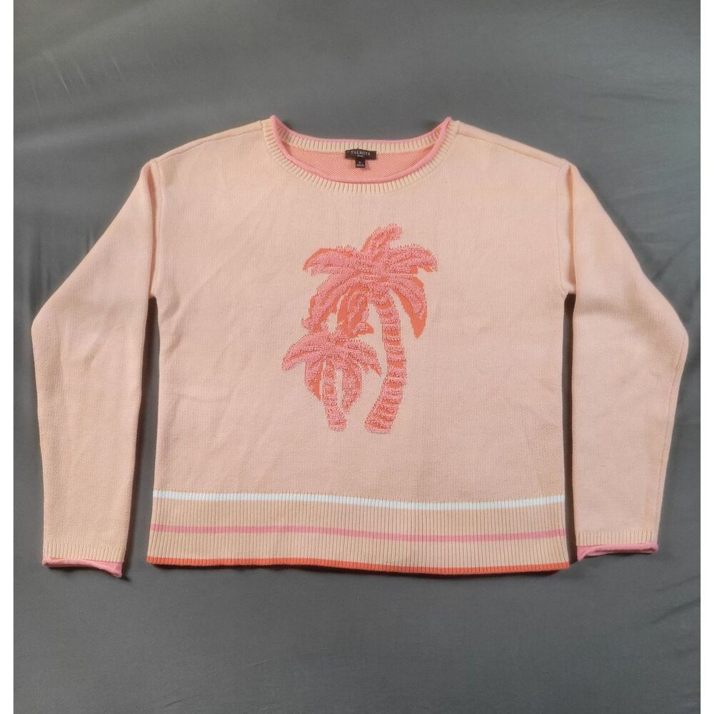 Talbots Petite Palm Tree Crewneck Knit Sweater Small Soft Pink Coastal